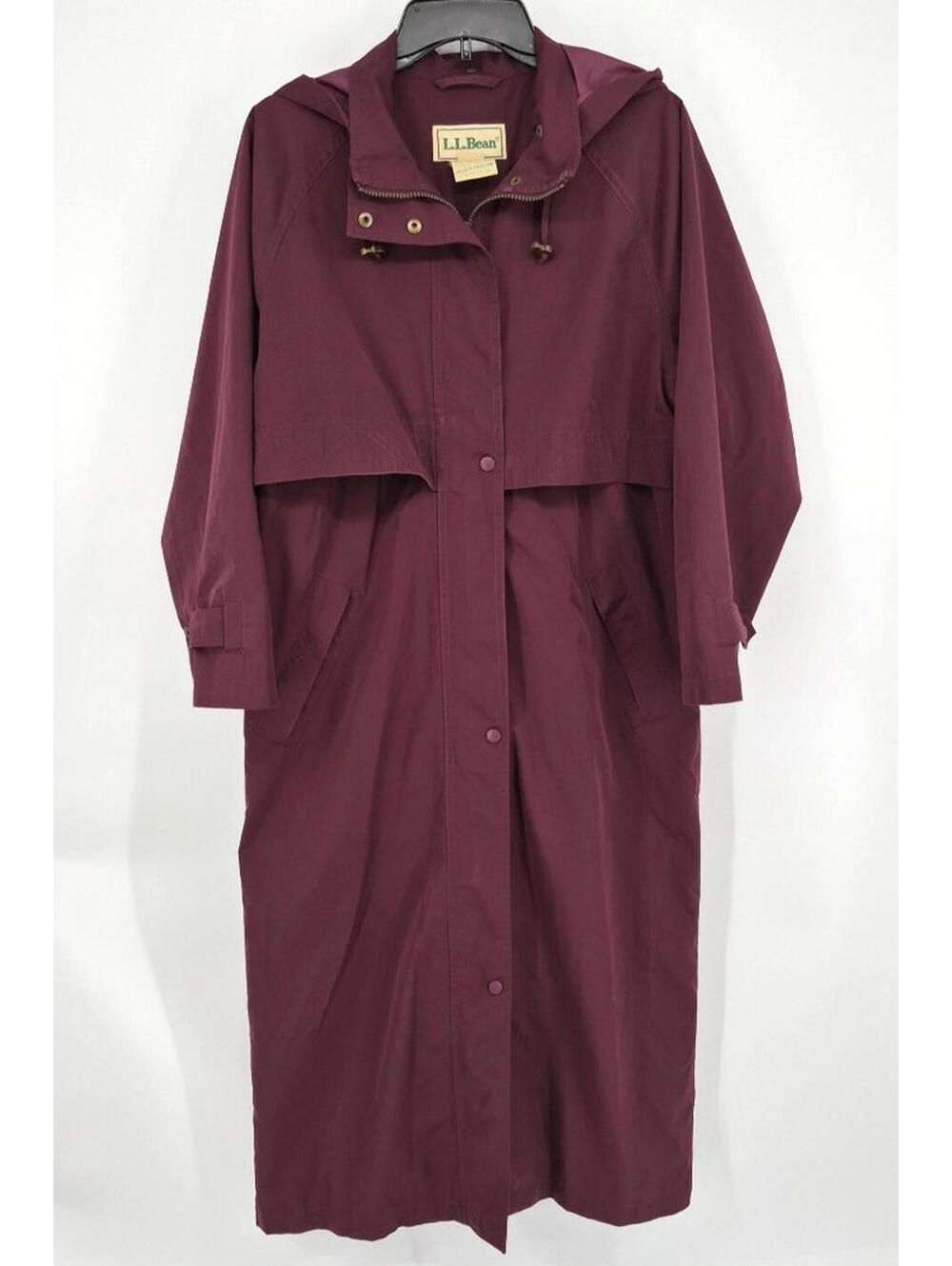 Vtg LL Bean Hooded Trench Rain Coat Womens Petite M Maroon Long Vented Classic